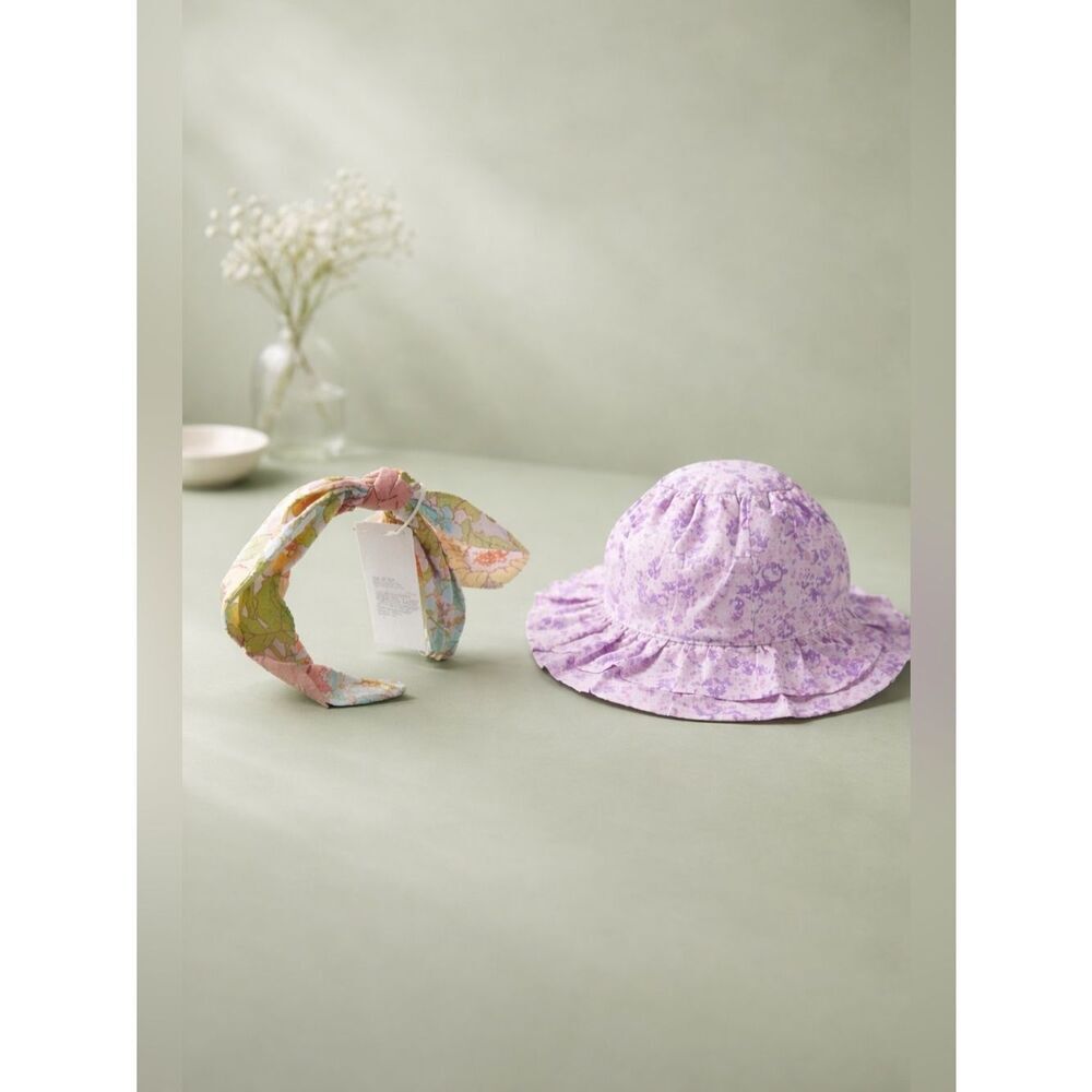 NWT Janie and Jack Baby/Girls Floral Headband & Purple/White Sun Hat- 6-12 month